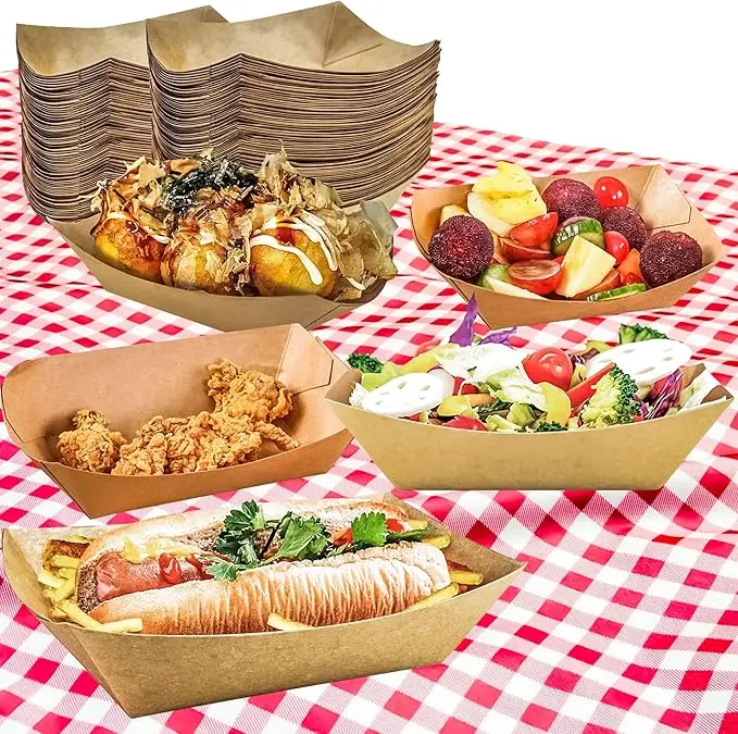 5/10Pcs Brown Kraft Paper Food Trays Disposable Snack Boat Serving Tray for Wedding Party BBQ French Fries Nachos Hot Dog Box