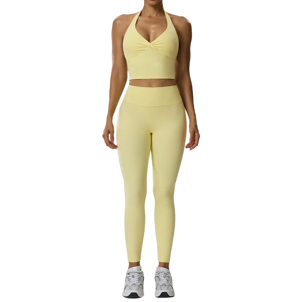 Women 2‑Piece Nude‑Feel Yoga Set Deep V Halter Tank Top Butt Lifting Tight High Waist Workout Long Pants Fitness Outfit
