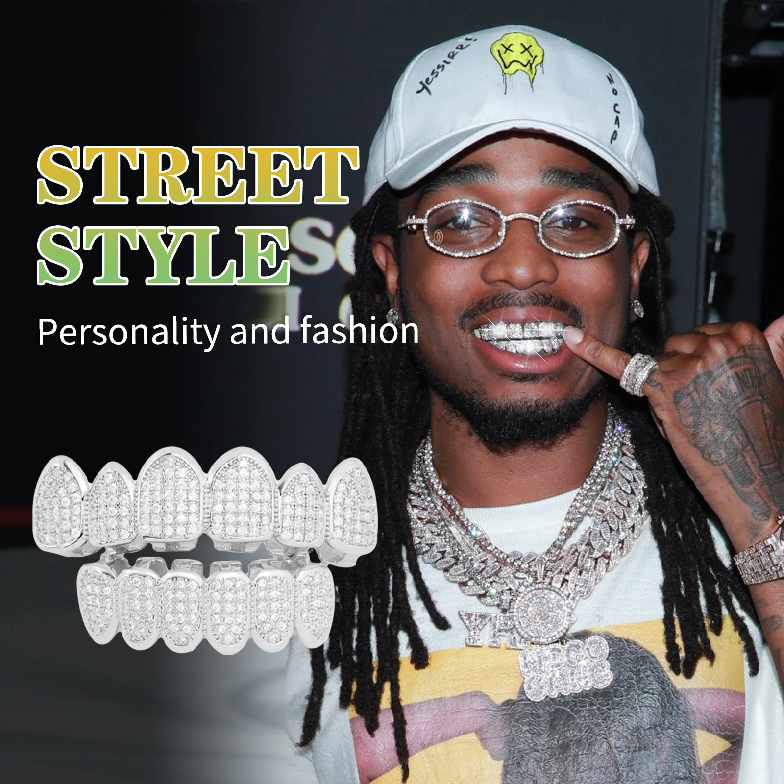 HipHop Teeth Grillz Set Bling Cubic Zircon Paved Top &Bottom Grills Tooth Caps Gold Plated Removable Party Jewelry For Men Women