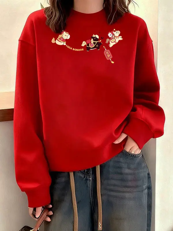 

Красная толстовка на флисовой подкладке, модная женская одежда к Новому году 2026, удобный лонгслив с круглым вырезом