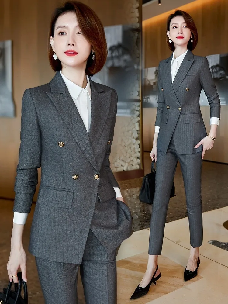 

High Quality Fabric Formal Professional Ladies Office Work Wear Autumn Winter OL Styles Pantsuits Elegant Striped Blazers Set