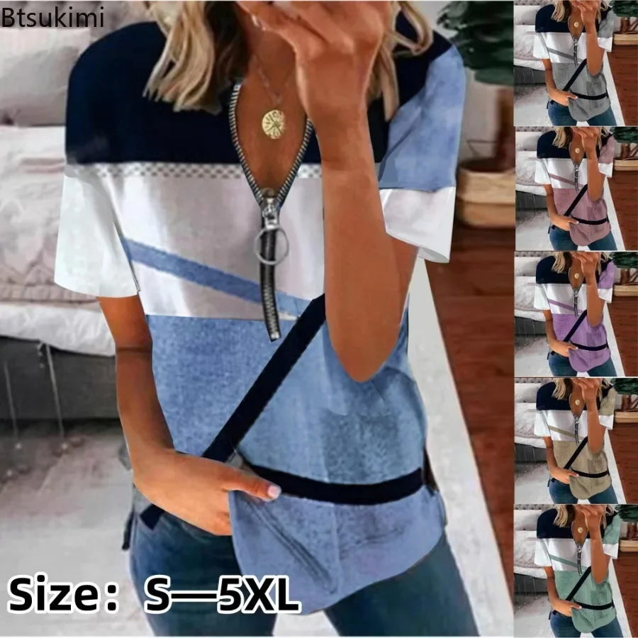 

New 2025 Women's Summer Casual Short Sleeve T-shirt Sexy V-neck Striped Printed Zipper T Shirt Tops Female Loose Basic Tee Shirt