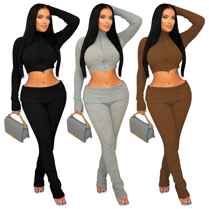 Solide gestrickte gerippte zweiteilige Set Frau Trainingsanzug Club tragen Langarm Reißverschluss Rollkragen Crop Top und Hosen passende Sets Outfits