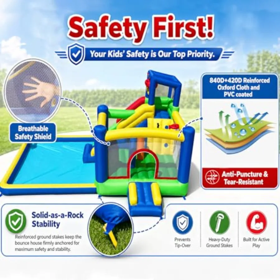 Backyard water park inflatable slide bounce house, PVC material, blue and yellow, 10-in-1 design with splash pool, long slide, view 4