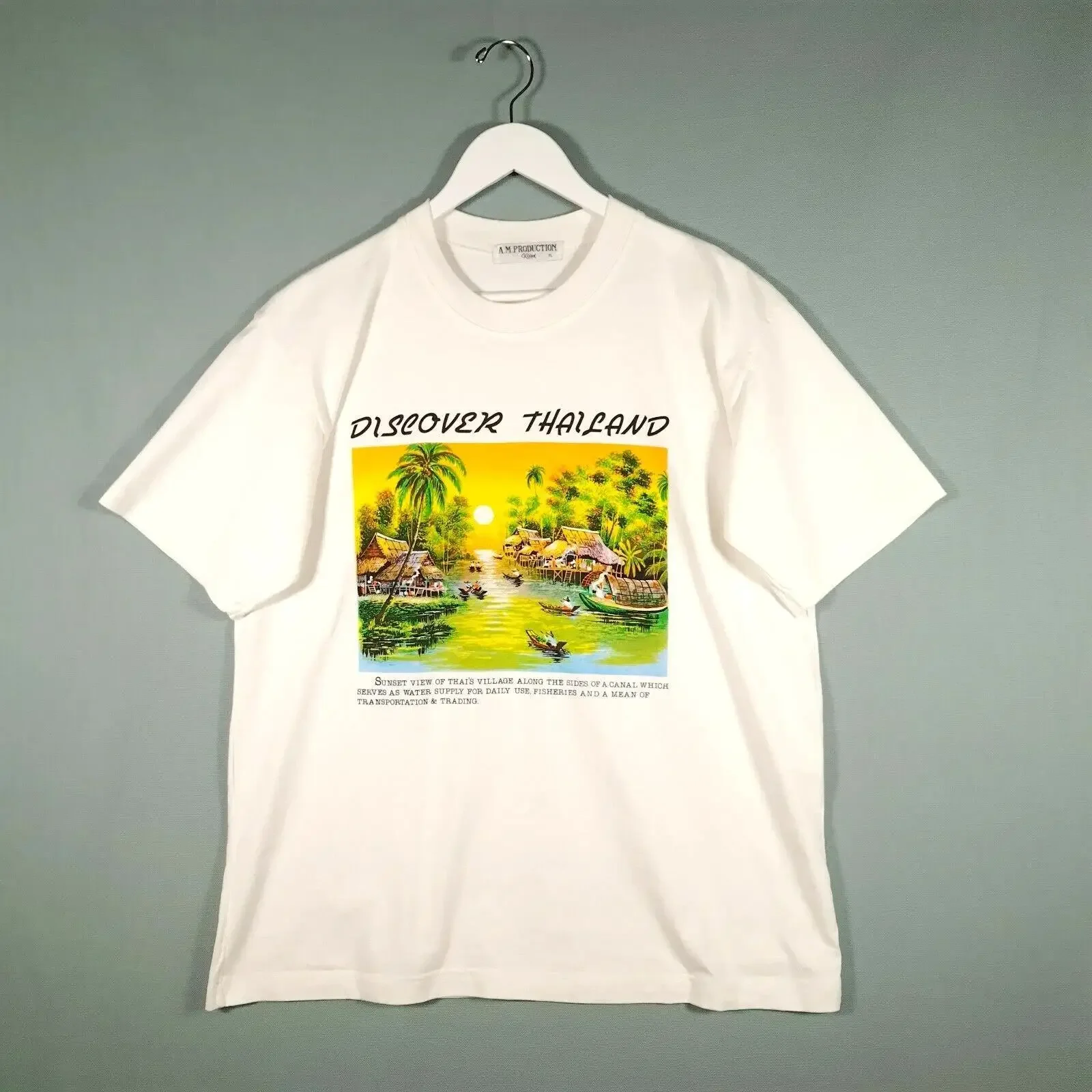 A M PRODUCTION T-Shirt Herren Extra Large weiß Thailand Tropical Sunset Print Vintage Washed Soft Comfortable