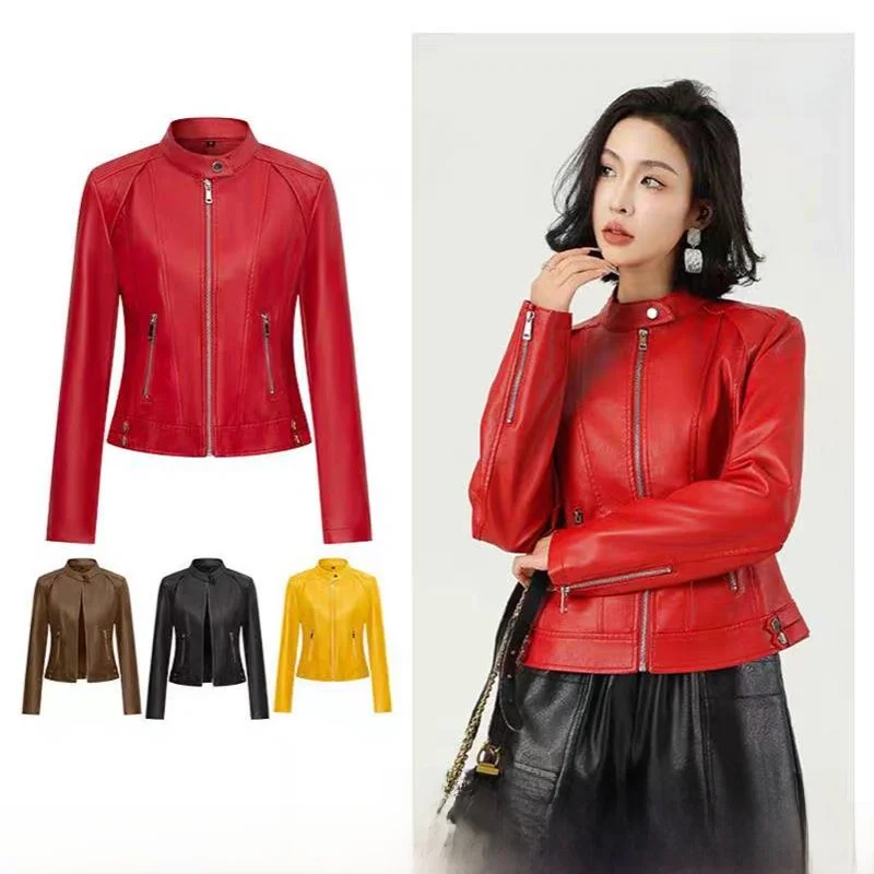Faionable vermelho couro do plutônio jaet feminino ort casaco gola primavera outono fino sle senhoras premium quali outerwear