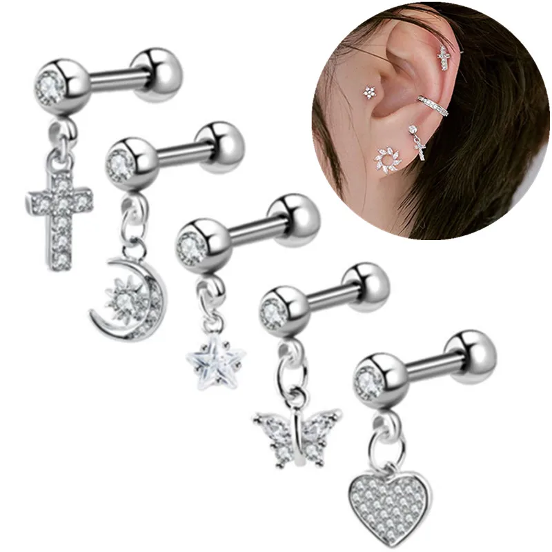 1PCS Cross Ear Tragus Piercing Earring Stud Barbell Crystal Cartilage Stud Earring Helix Piercing Daith Jewelry Rook Conch Stud