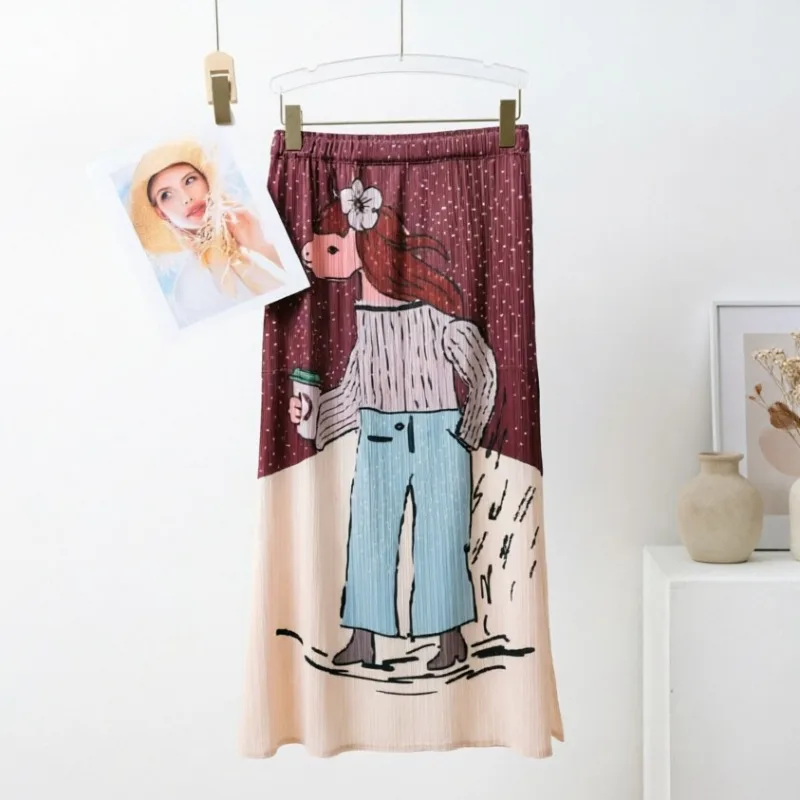  Pleated Skirt 2026 Summer New with Side Slits, Digital Print, Simple Casual Elegant Fashion Elastic Waist A-line Skirt