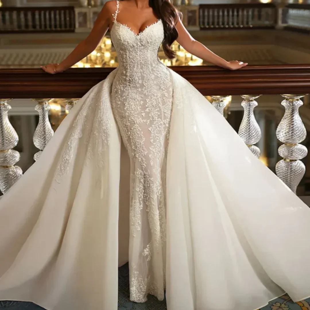 Luxe zeemeermin trouwjurken trein vestido de novia afneembare trein spaghettibandjes kant applicaties jurken op maat
