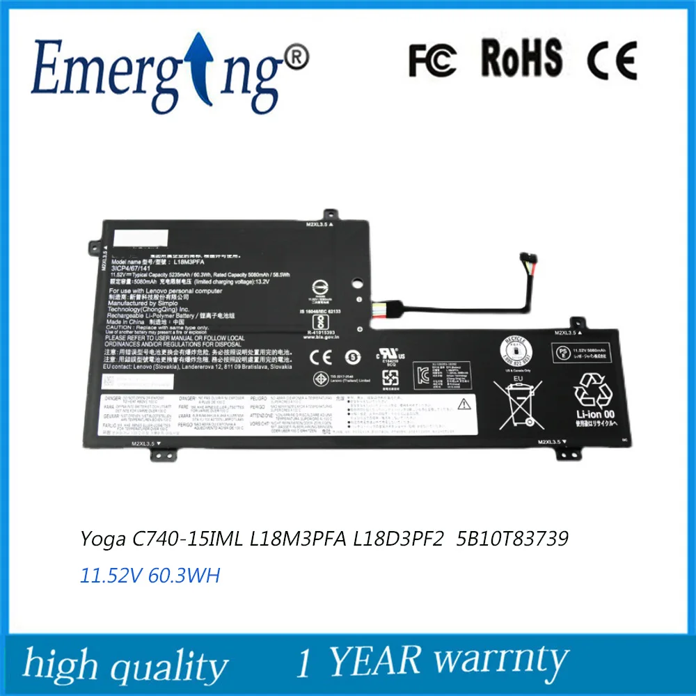 

11.52V 60.3Wh New Original Laptop Battery for Lenovo Yoga C740-15IML Yoga C740-15 L18D3PF2 L18M3PFA 5B10T83739