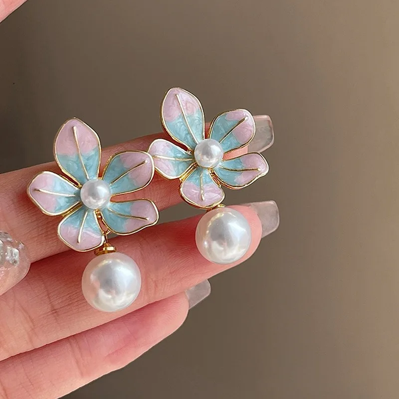 Enamel Big Flower Imitation Pearl Korean Design Drop Earrings Exaggerated Wedding Party Jewelry Accessories Christmas Gift