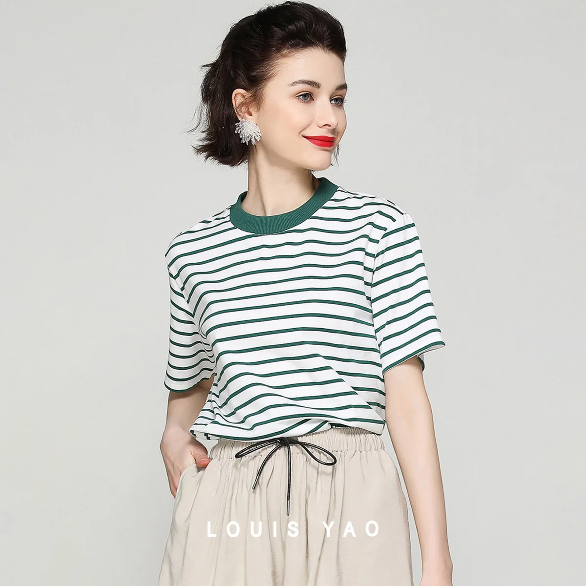 LOUISYAO T-shirt da donna girocollo a righe 2025 Estate Normcore Donna Top Colori a contrasto Allentati Y2k Manica corta Tees Street