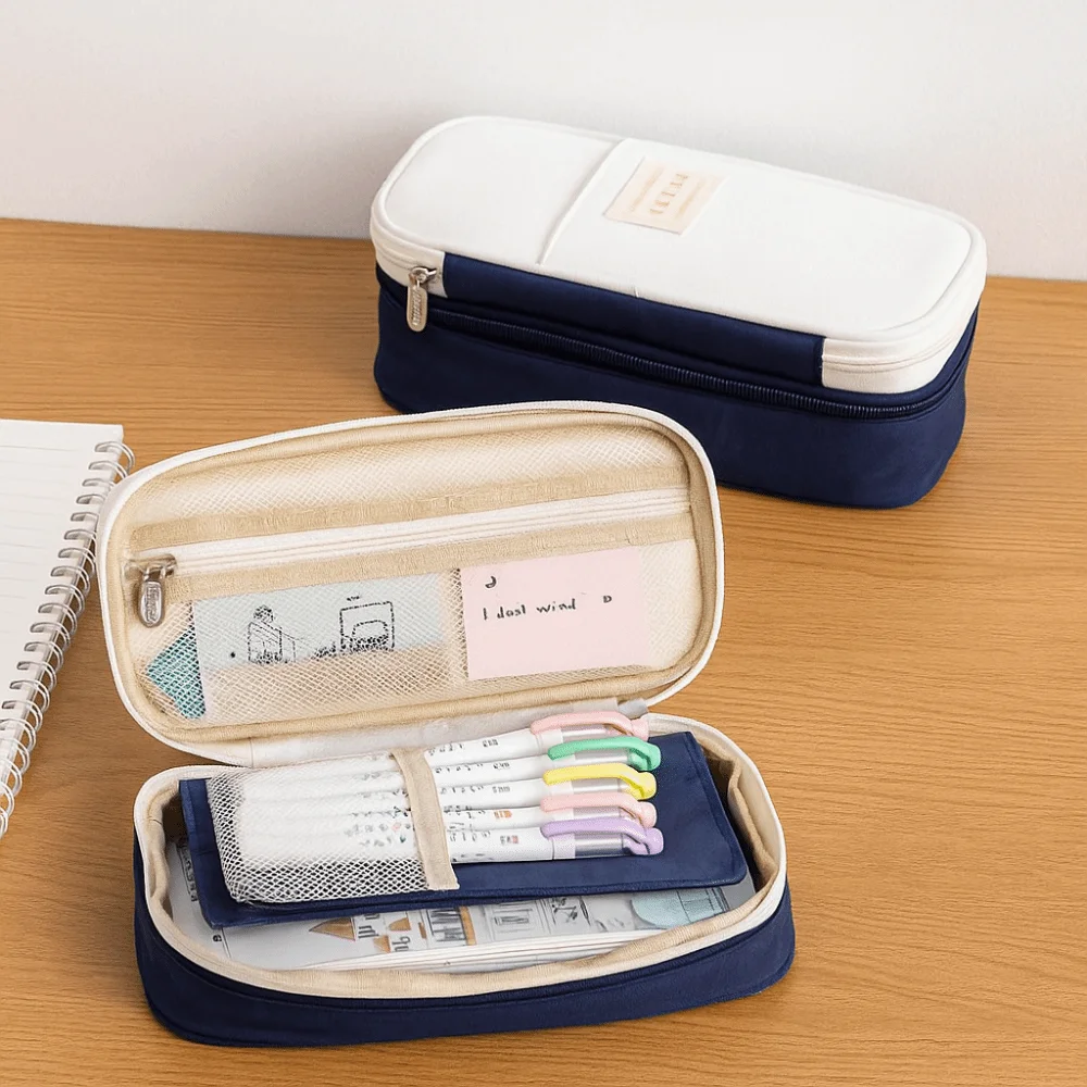 Polyester Simple Student Pen Bag Diagonal Stretchable Storage Pencil Bag Dirt Resistant Multifunctional Macaron Pencil Case