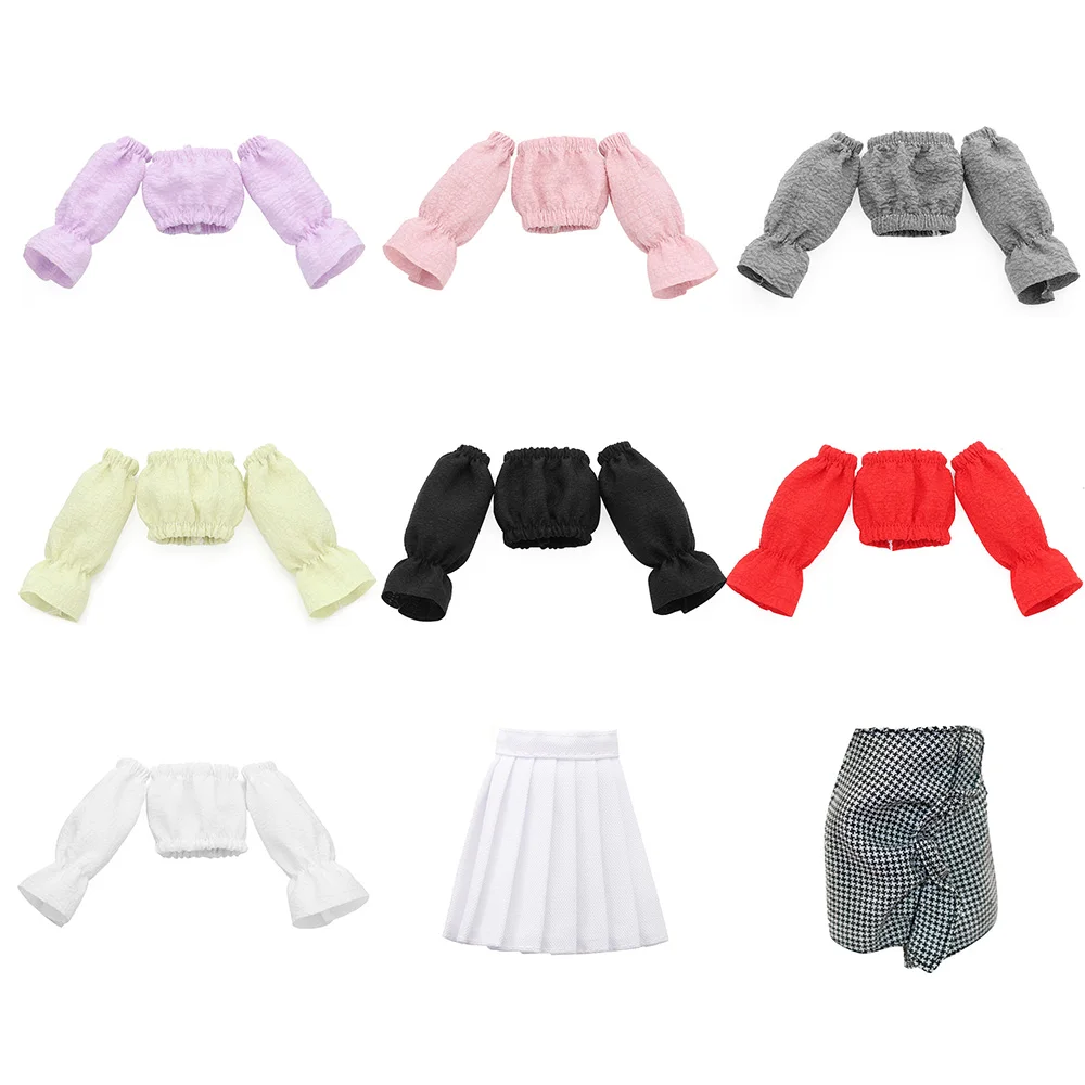 30CM Doll Clothes Fashion Puff Sleeve Tops Short T-shirt Plaid Pleated Skirt For 1/6 Bjd Dolls Accessories Dress Up Doll Gift