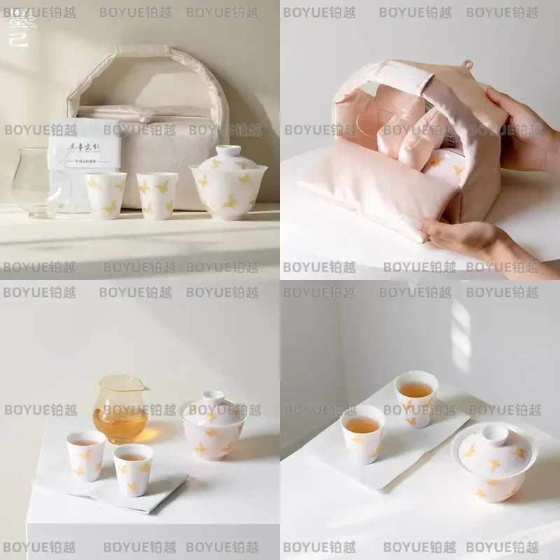 for Tang and Song Style Tea Storage Bag Apricot Powder Bronzing Butterfly One Cover Bowl Two Cups Outdoor Portable Travel Tea