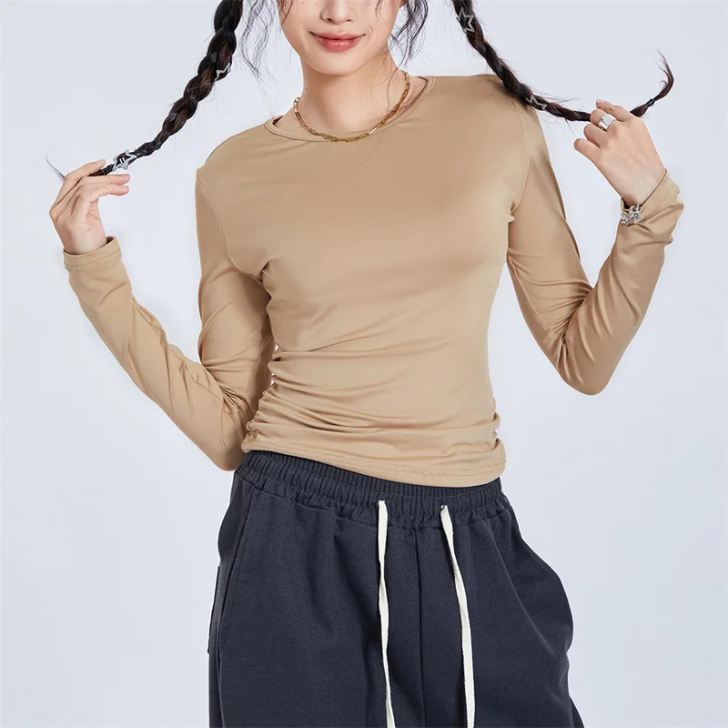 Autumn Spring Women's T-shirts Solid Casual Basics Tee Long Sleeve Crew Neck Show Navel Crop Tops Streetwear