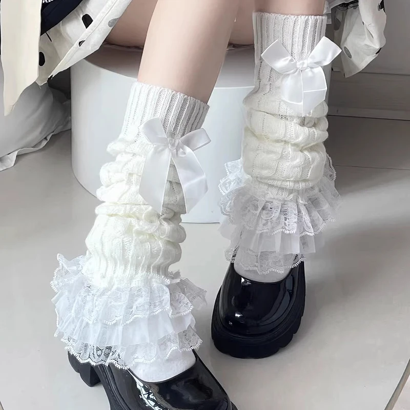 

Japanese Women Knitted Leg Warmer Bow Tiered Ruffled Socks Girl Lace Lolita Socks Calf T-shaped Lace Leg Horn Warmers Women