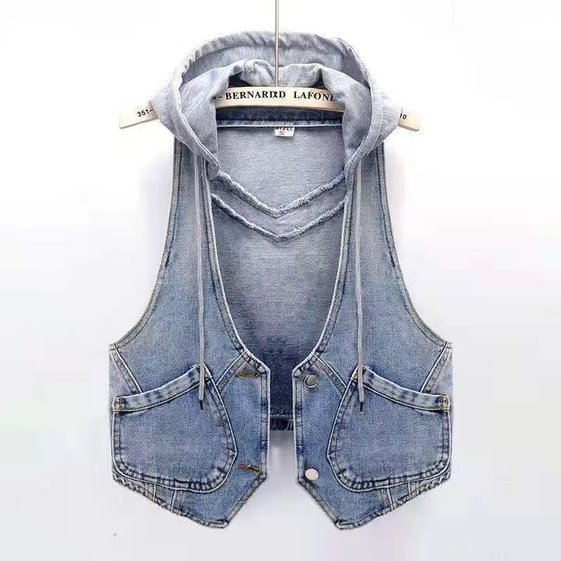 

Women Denim Vest Hooded WaistCoat Blue Jackets Cardigans Woman Clothing Short Tops Crop Tops Casual Loose Solid Chic Outwear