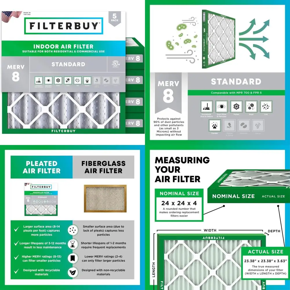 

24x24x4 MERV 8 плиссированных воздушных фильтров, 5 шт. в упаковке — замена пылезащитной защиты для систем печи HVAC AC