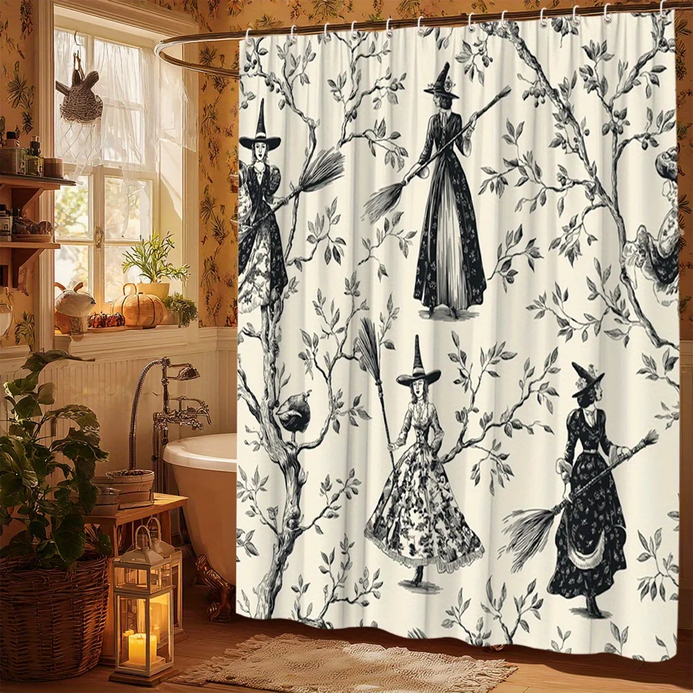Gothic Witchy Botanical Forest Line Art Shower Curtain Waterproof Halloween Bathroom Decor Curtain Liner