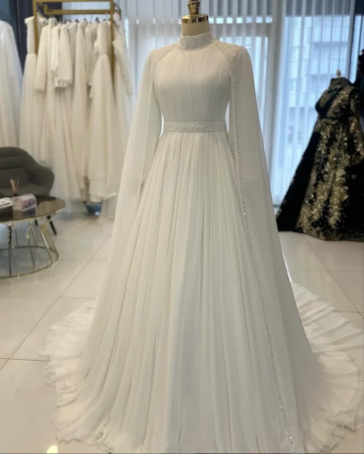 Белый мусульманский кафтан, свадебные платья в Саудовской Аравии с накидкой, блестящий кафтан с высоким воротом, свадебное платье по индивидуальному заказу, одежда