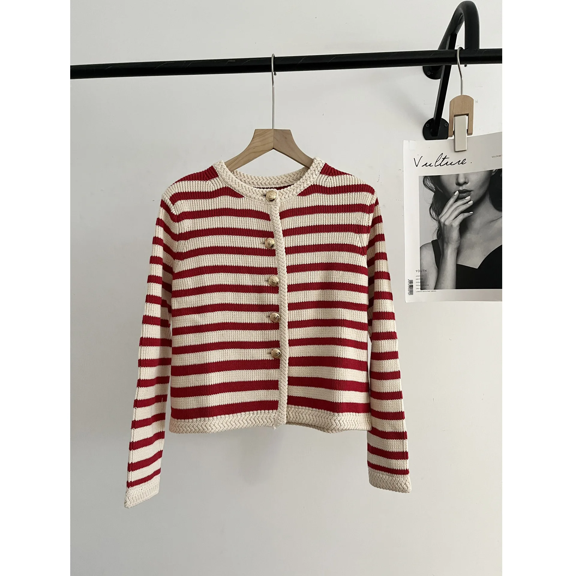 Retro Contrasting Striped Knitted Cardigan Small Fragrant Cropped Sweater Jacket Trendy Single Breasted Coat Female Knitwear