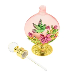 1pc Empty Perfume Bottle Pink Glass Delicate Enamel Flower Bird Golden Base Diamond Cap Portable Essential Oil Lotion Toner 30ml
