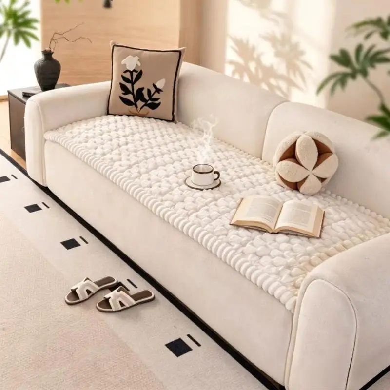 1pcs Simple Solid Color Winter Warm Plush Thickened Sofa Cover Simple Comfortable Non-Slip Straight Row Seat Pad Home Decor