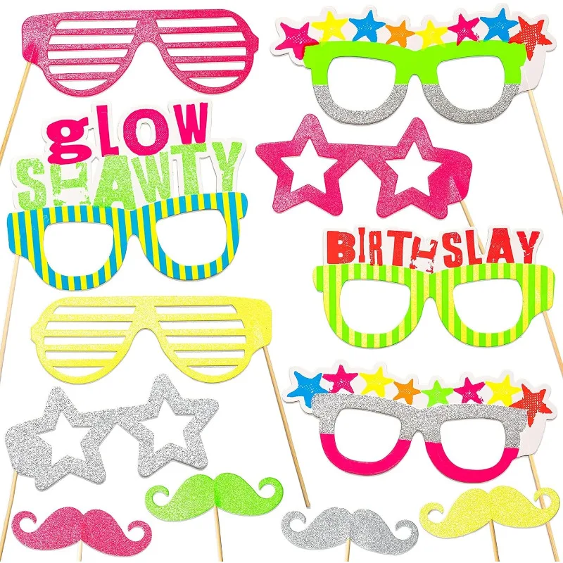 

Photo Booth Props Neon Theme Birthday Glitter Moustaches Glasses for Colorful Birthday Photoshoot Party Decorations Pack of 12