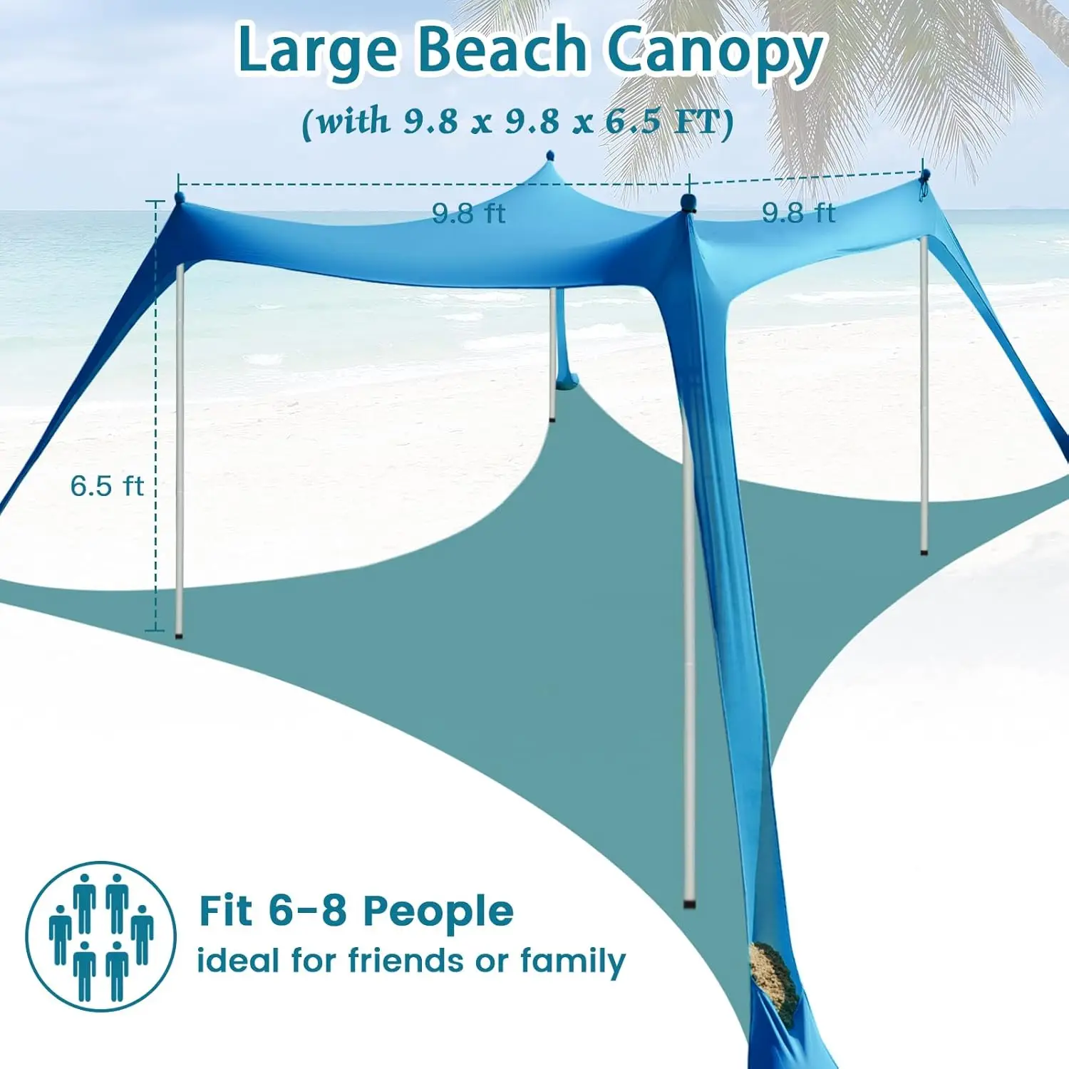 خيمة شاطئ مقاس 10 × 10 UV50+ مع أكياس رمل وأعمدة وحصوات وحبال رياح للحماية الخارجية