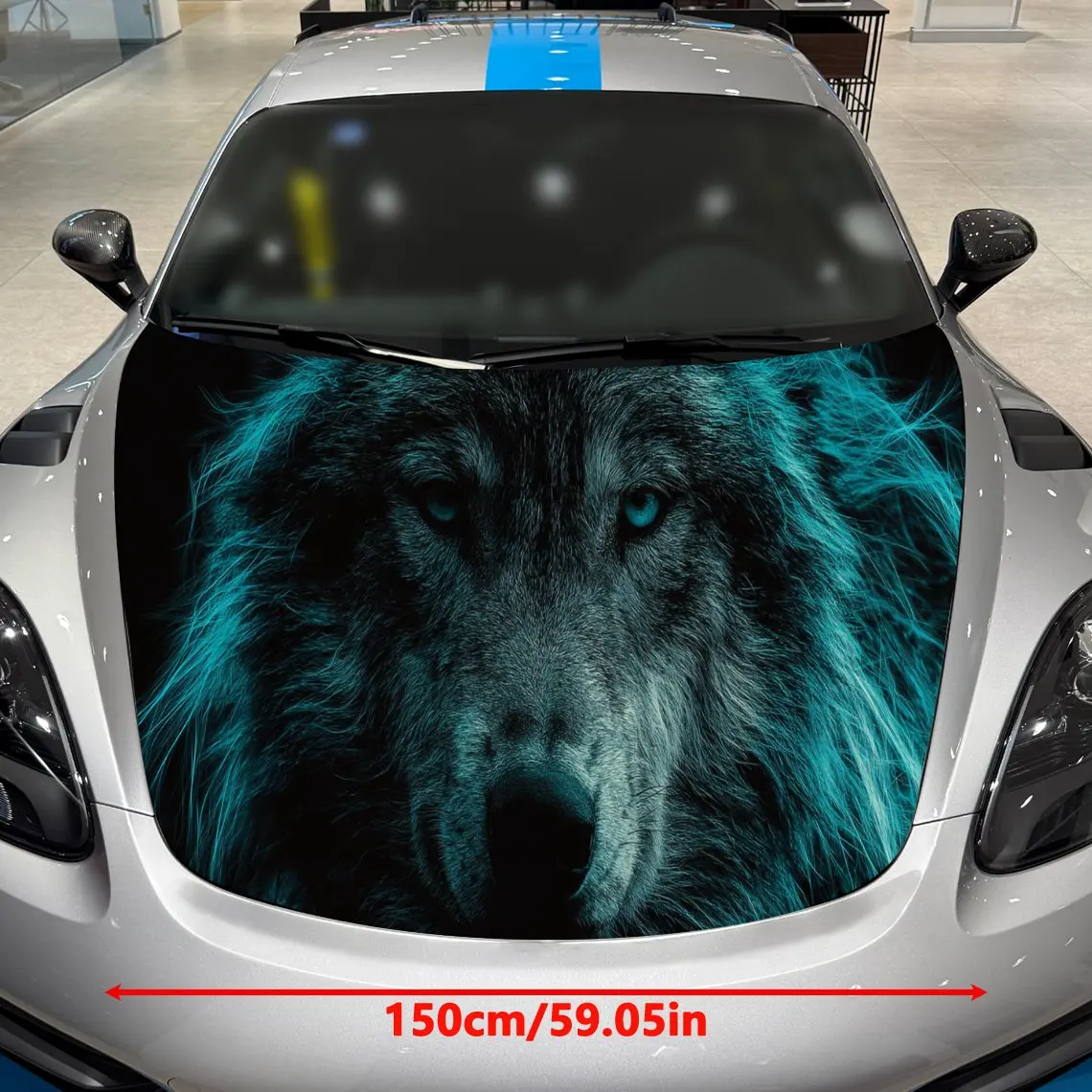 Blue Light Wild Wolf Dominance Scene PVC Car Hood Wraps, Self-Adhesive Waterproof Car Bonnet Decal Sticker, Car Decoration Prote