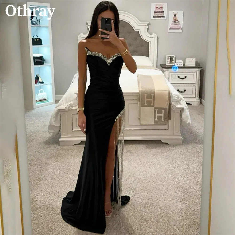 Othray Charming Black Prom Dresses Crystal Beaded Formal Evening Gowns High Side Split Tassels  vestidos de fiesta 2025