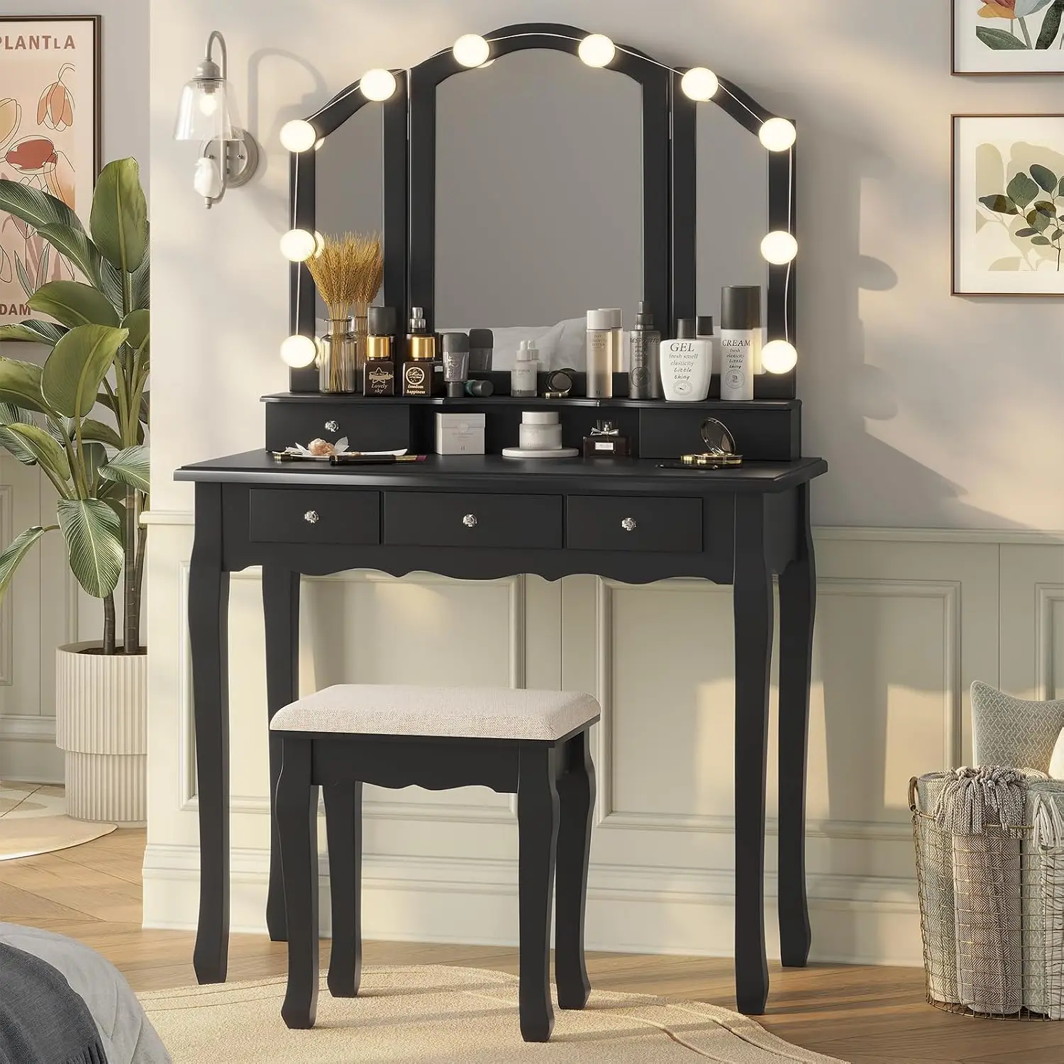 Vanity Desk, Makeup Vanity with Lighted Tri-fold Mirror and Stool, Vanity Set with 5 Drawers, 3 Light Settings , Customized