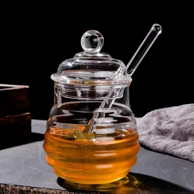 Glass Honey Jar Clear Glass Honey Pot with Dipper Spoon Small Kitchen Storage Bottle Jar Honey Server Container for Syrup