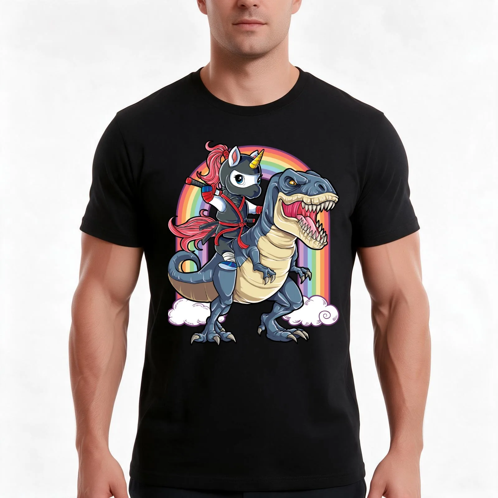 Unicorn Ninja Riding Dinosaur T Shirt T rex Kids Girls Boys Rainbow Squad Cute Gifts Party T-Shirt, Summer Casual Cotton Tee