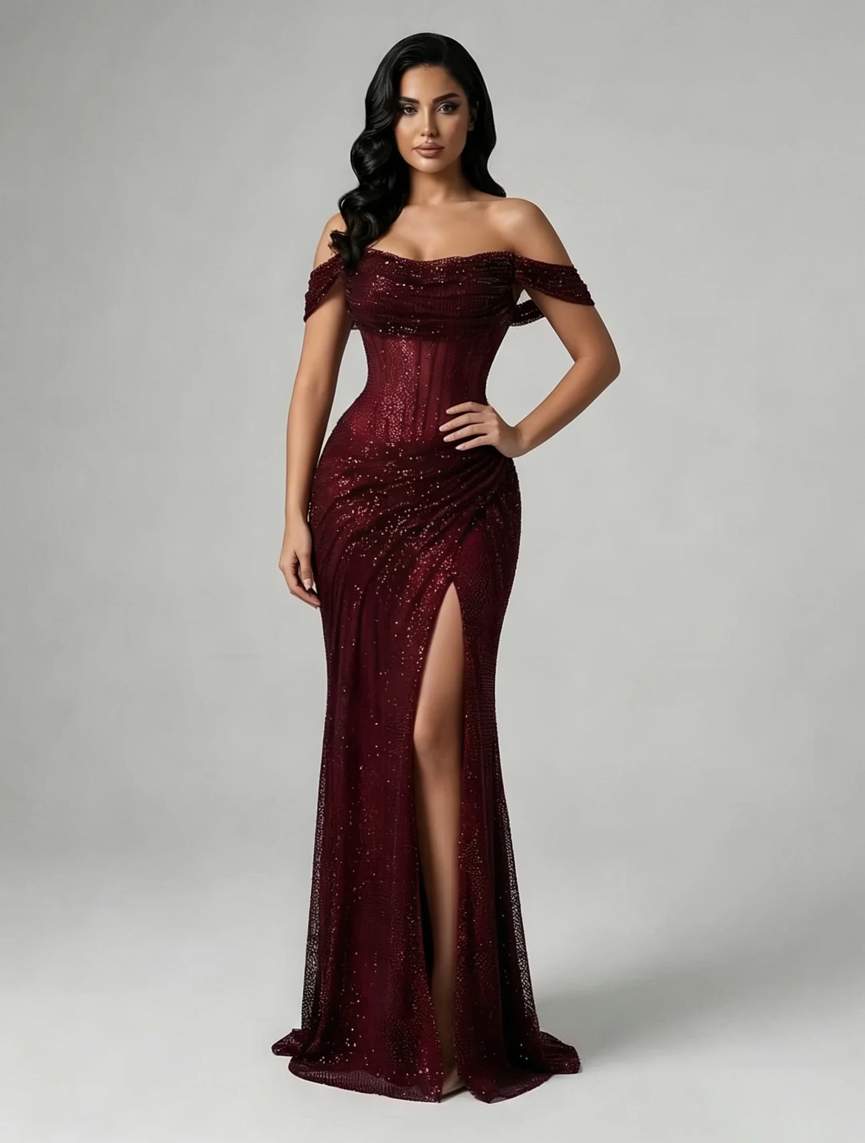 

Luxury Wine Red Off Shoulder Diamond Corset Shiny Mermaid Evening Dress Formal Wedding Cocktail Party Gown Vestidos Customized