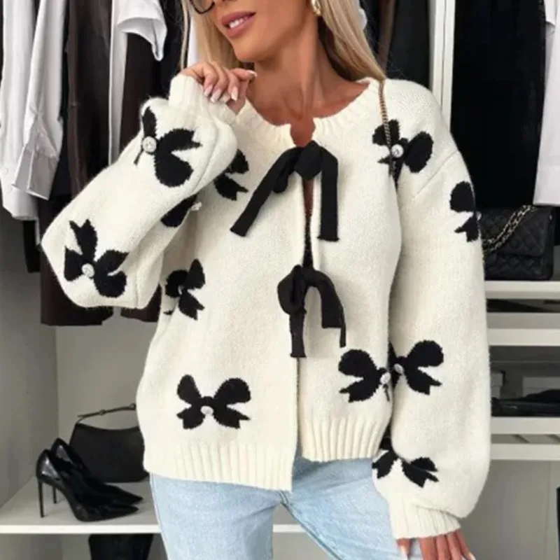 Suéter solto de malha com gola redonda e manga larga, feminino, temperamento simples e versátil, multiestilo