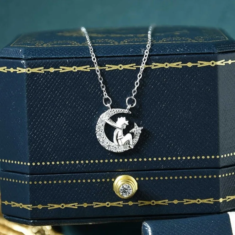 

S925 Sterling Silver Fashion Little Prince Moon Pendant Necklace Clavicle Chain Luxury Fine Jewelry Women Wedding Gift