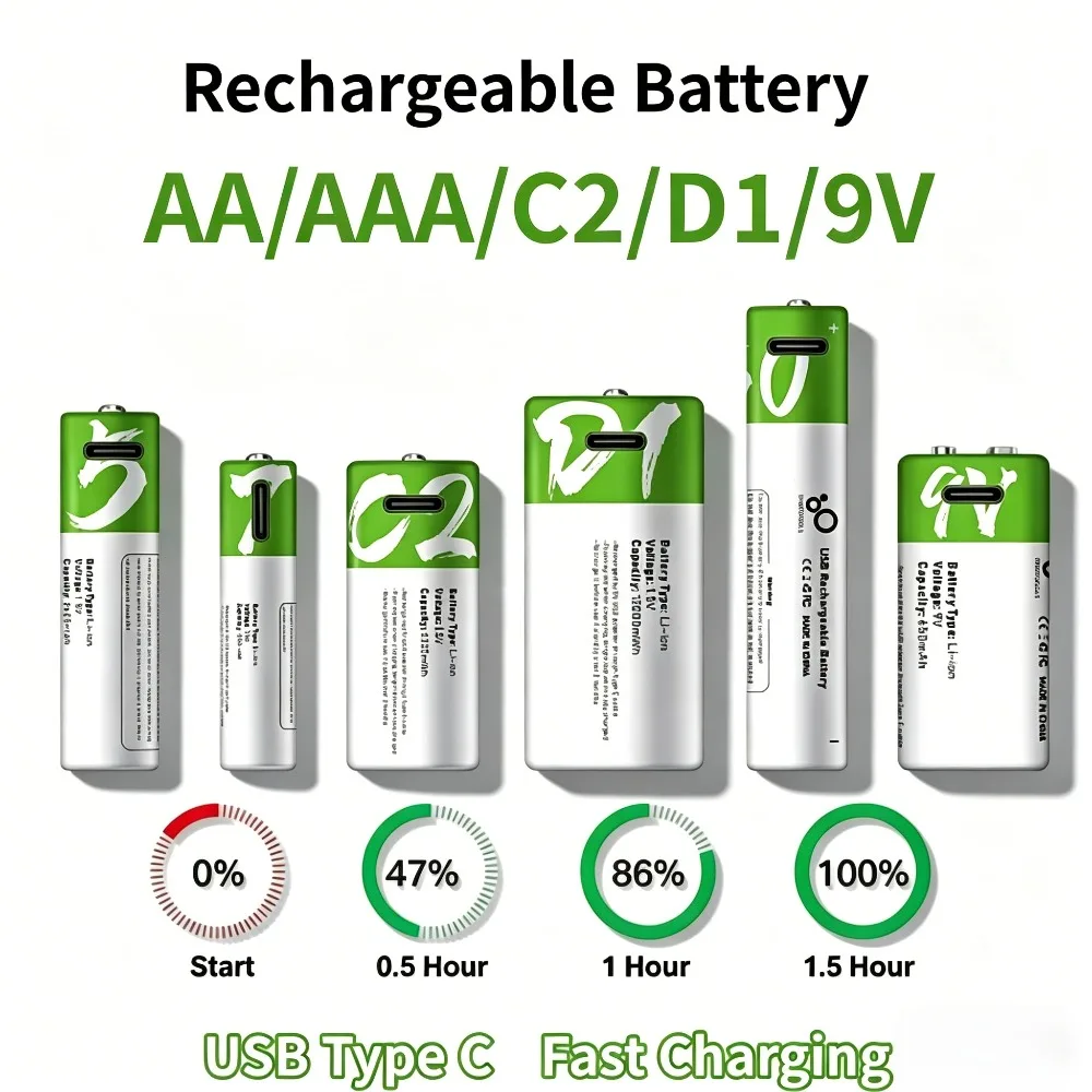 Rechargeable AAA AA 9V C D1 Li-ion Batteries with Type-C Fast Charging Cable Multi-Size USB Lithium Batteries for Household
