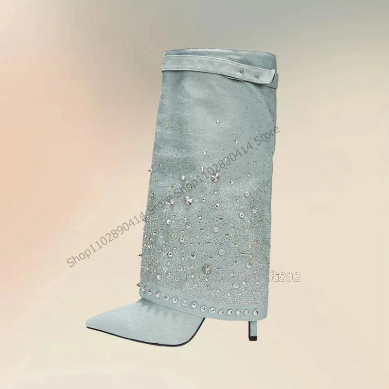 

Sky Blue Denim Rhinestone Rivets Pointed Toe Boots Slip On Women Shoes Thin High Heels Fashion Banquet 2024 Zapatos Para Mujere