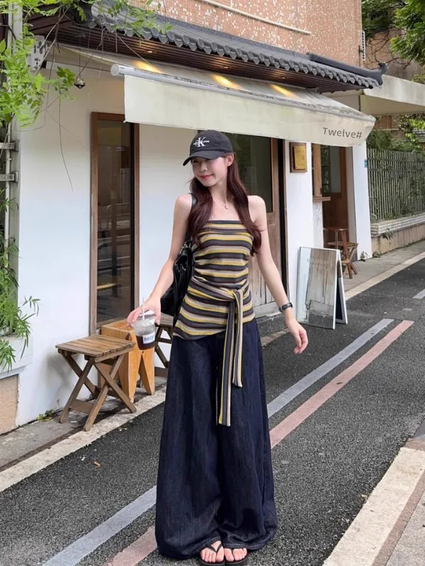 

American Style Spicy Girl Retro Striped Tie-Dye Tube Top Vest Women Summer New Waist-Cinching Slimming Versatile Top
