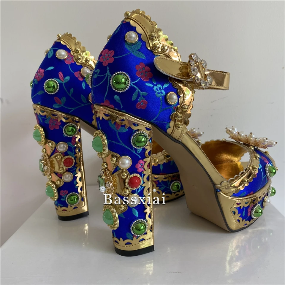 Sexy Embroidery Satin Beads Chunky Heel Sandals Women High Platform Rivets Decor Diamond Rhinestone Wedding Shoes Summer