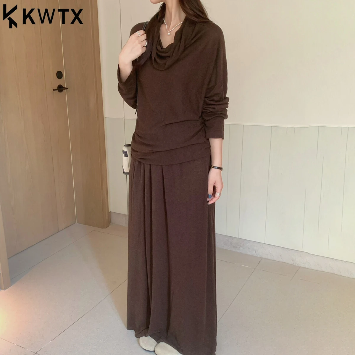 

KWTX Women’s Linen Knit Two Piece Set Oversized Solid Color Top and Skirt Casual Minimalist Belted Round Neck Comfy Fall 2025