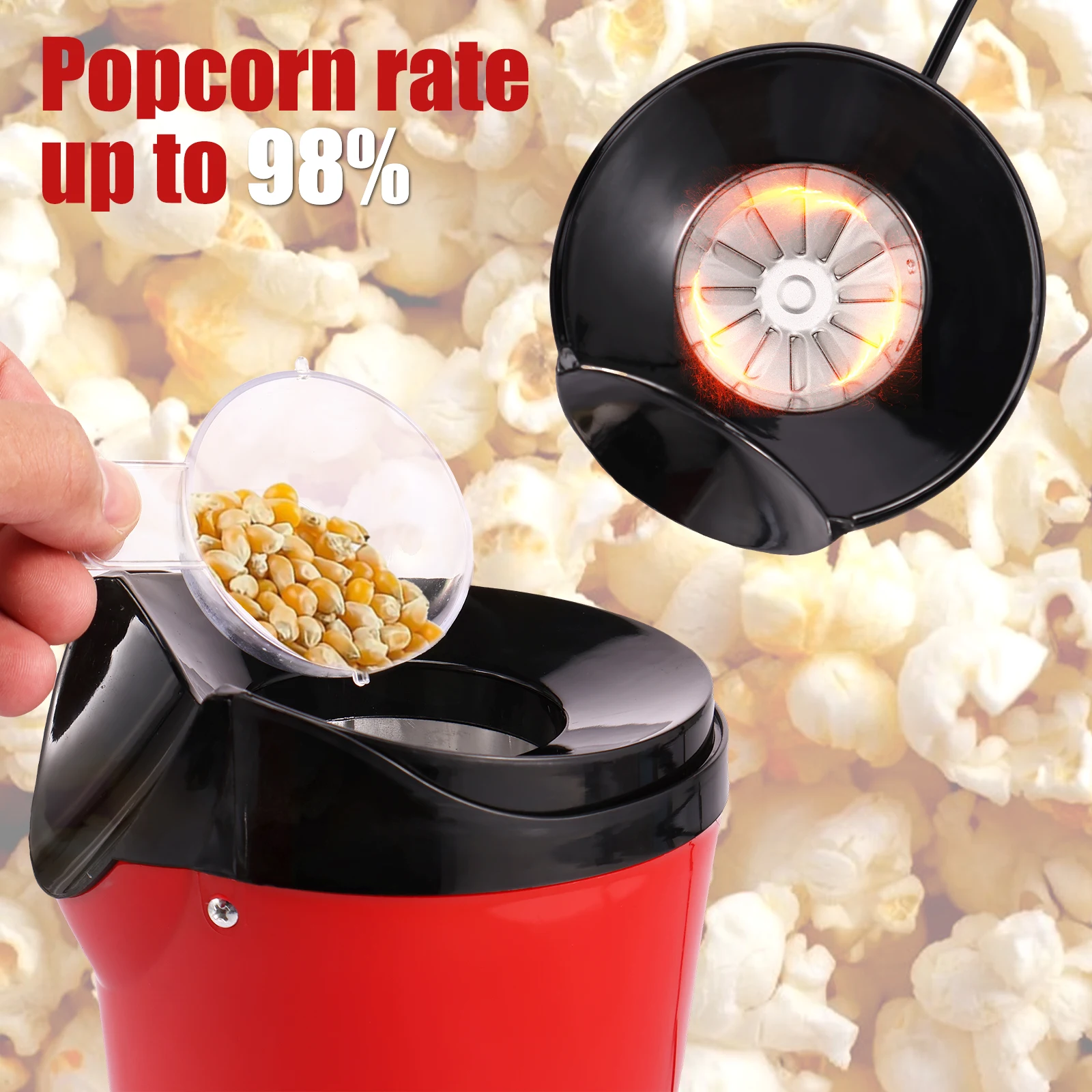 Macchina per Popcorn elettrica da 1200W con coperchio superiore del misurino Mini macchina per Popcorn senza olio ad aria calda per uso domestico