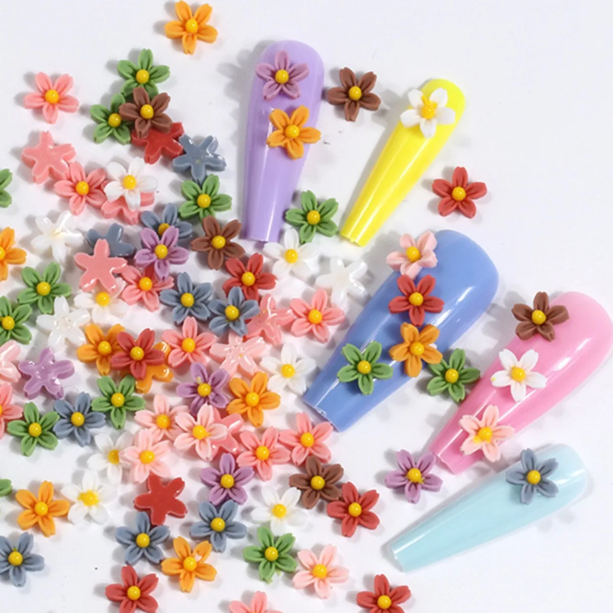 ZW34 50Pcs 7mm Resin Polychrome Colorful Mini Flower Gems Flatback Scrapbook Wedding Applique Art Decor Crafts Jewelry Accessory