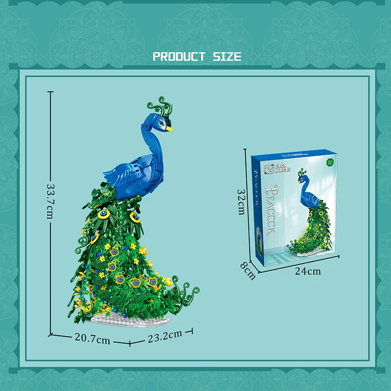 Creativo 807 Uds. Bloques de construcción de pavo real, Kit de pájaros, serie de animales y flores, modelo de montaje, ladrillo, decoración del hogar, juguete para regalo para chico y Niña