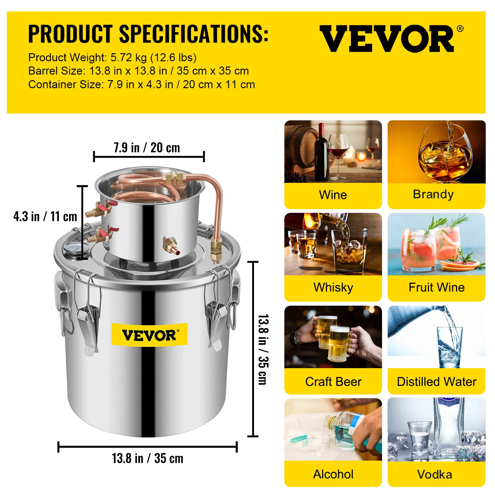 SucceBuy 3 5 8 Gal Distilleerder Moonshine Alcohol Brouwen Water Wijn Essentiële Olie Brouwen Kit Roestvrij Koper met Pomp voor Thuis DIY