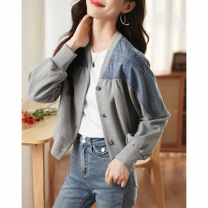 

Women's Casual Loose Denim Jacket Baseball Jacket 2023 Spring New Color Contrast Patchwork Simple Texture Versatile Short Jacket