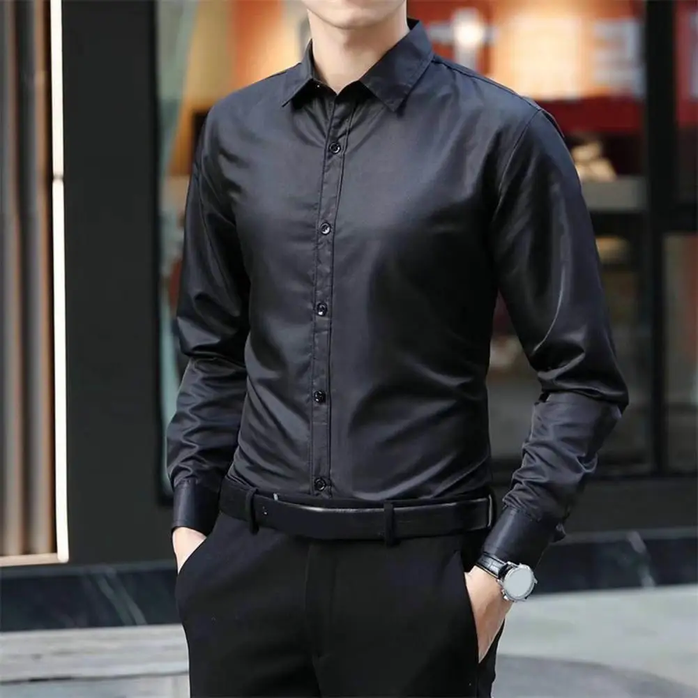 Men British Business Formal Social Long-sleeved Shirts Solid Color Homme Casual Slim Front Personality Party Banquet Blouse