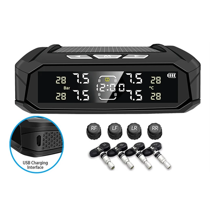 Solar Power Car TPMS Digital LCD Display Car Security Alarm Tire Pressure Monitoring System With 4 Sensors